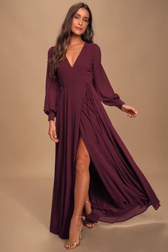 Glam Plum Dress - Wrap Maxi Dress - Long Sleeve Dress - Lulus Wrap Maxi Dress Long Sleeve, Chiffon Wrap Dress, Twirly Dress, Plum Dress, Prom Dress Stores, Lulus Dresses, Long Sleeve Wrap Dress, Formal Dresses Gowns, Whole Heart