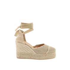 Catalina Handcrafted Espadrilles By Castaner With The Front Upper In Two-Tone Lurex Cotton Canvas Enriched By Fringed Profiles. Heel With Ribbon Tied At The Ankle, Wedge Covered In Braided Rope, Canvas Interior, Rubber Sole.Material: 100%CoMade In: SpagnaColor: BeigeCollection: Spring - Summer 2023Catalina 8ed 032 Chic Espadrille Heels With Removable Insole, Chic Espadrille High Heels, Natural Color Espadrille Heels With Removable Insole, Beige Round Toe Wedge Sandals With Woven Sole, Chic Natural Platform Espadrilles, Beige Platform Lace-up Sandals, Chic High Heel Platform Espadrilles, Beige Wedge Heels With Woven Sole, Chic Platform Wedge Heel Espadrilles