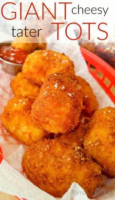 fried cheese tater tots in a basket with ketchup on the side