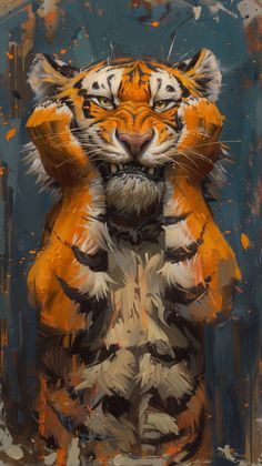 a painting of a tiger sitting on its hind legs