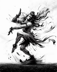 a black and white drawing of a woman with her hair blowing in the wind while dancing