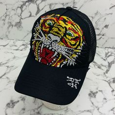 Brand New With Tags Material: 60% Cotton 40% Polyester Rhinestone Tiger Design Ed Hardy Tiger, Black Skull Tattoo, Don Ed Hardy, Tiger Black, Black Fedora Hat, Orange Hats, Black Eagle, White Beanies, Black Snapback