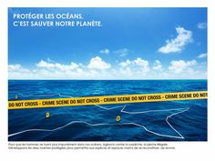 an image of the ocean with caution tape on it that reads protect oceans, c'est sauvre noire planete