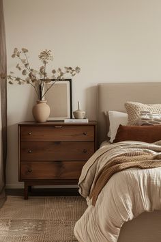 a bedroom with a bed, dresser and vase on the end table in front of it