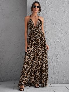 Plunging Neck Crisscross Open Back Leopard Dress | EMERY ROSE Vestido Animal Print, Leopard Cami, Backless Maxi Dresses, Leopard Dress, Leopard Print Dress, Looks Chic, Maxi Skirts, Shein Style, Printed Maxi