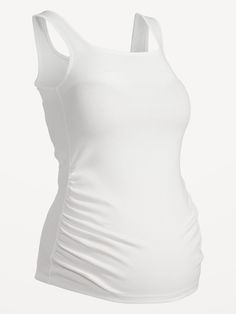 square neckline sleeveless shirred sides for a flexible fit fitted through body hits below belly model is approximately 5'9" and wears a size M (8)Machine wash cold, tumble dry low.  spandex 5% polyester 38% cotton 57% Stretch Ruched Tops With Tank Straps, Stretch Ruched Solid Color Tank Top, Fitted White Lace Tank Top, Fitted Top With Ruched Sides, White Fitted Lace Tank Top, Ruched Stretch Tank Top, Fitted Ruched Top With Square Neck, White Fitted Crochet Tank Top, Fitted Tank Top With Built-in Bra And Square Neck