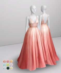 two mannequins dressed in pink dresses standing next to each other with color swatches