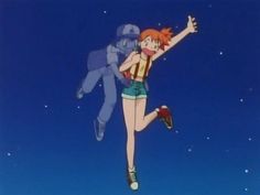 an anime character is flying through the air with her arms in the air while another person looks on