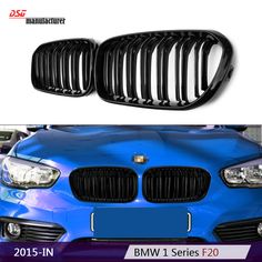 the front and rear view of a blue bmw car with chrome grills on it