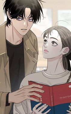 an anime character is reading a book to a young woman who is wearing a necklace