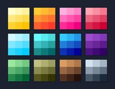 a set of different colored squares on a dark background with the same color as each other