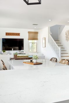 the kitchen counter is clean and ready to be used as a dining room table or breakfast nook