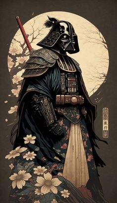 darth vader standing in front of a full moon with flowers on the ground