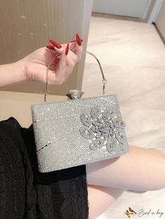 BirdinBag - Party-ready Rhinestone Mini Box Bag with Top Handle Silver Bags For Wedding And Party Season, Glamorous Rectangular Evening Bag For Dinner, Silver Clutch Box Bag For Events, Glamorous Rectangular Box Bag For Party, Elegant Embellished Bags For Party Season, Rectangular Wedding Bag For Party Season, Embellished Box Bag For Party, Rectangular Bags For Party Season Events, Silver Box Bag For Events