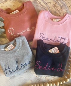 Our toddler sweatshirts are super comfy for your favorite littles. Each sweatshirt is embroidered in our shop in Union, SC. Please keep in mind, embroidery requires a stabilizer on the inside of the shirt and may not be ideal for children with sensory sensitivities. Most don't notice it's there, but if the person you're ordering for has sensitivities, I would recommend a screen print option instead. Monogram Pullover, Name Sweatshirt, Embroidery Sweatshirt, Embroidered Sweatshirt, Girl Sweatshirts, Pullover Shirt, Embroidered Sweatshirts, Girl Names, Kids Sweatshirt