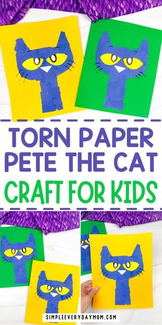 torn paper pete the cat craft for kids with text overlay that reads torn paper pete the cat craft for kids