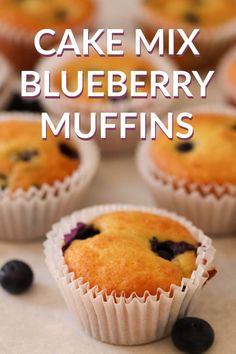 blueberry muffins with text overlay that reads cake mix blueberry muffins