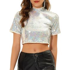 This cropped top features beautiful shining sequins that will shine when you are at the party and they can create a beautiful sparkle in the stage lights of dance and chorus performances. Occasion: Perfect for Party/Dating/Dancing/Clubwear/Evening party/Club/Attend/Cockta. This style of shirt is very dazzling, whether it is walking in the street under the sun, or sitting under the neon lights can reflect a different charm. Glitter Shorts, Sequin Crop Top, Taylor Swift Outfits, Small Crop Tops, Sleeveless Crop Top, Rave Outfits, Halloween Women, Womens Clothing Sizes, Fashion Wear