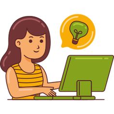 a woman sitting in front of a computer with a light bulb above her head