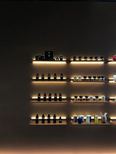 the shelves are filled with different types of bottles and containers on them, all lit up by dim lighting