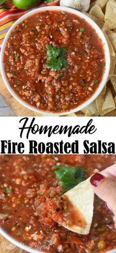 homemade fire roasted salsa in a white bowl with tortilla chips on the side