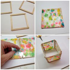 the process of making an art project with paper and wood frames, including paint on canvases