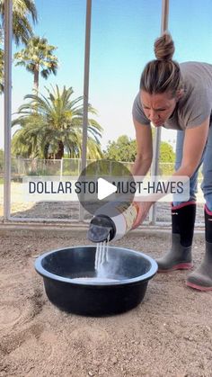 a woman pouring water into a black bowl with palm trees in the backgroud