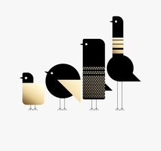 three birds standing next to each other on top of a white background with black and gold accents