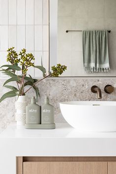 a white sink sitting under a bathroom mirror next to a counter top with soap and toothbrushes