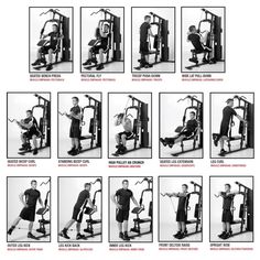 an image of a man doing exercises in front of the gym machine with different poses