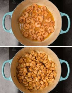 two pictures showing the process of cooking shrimp in a pot and then being cooked with sauce