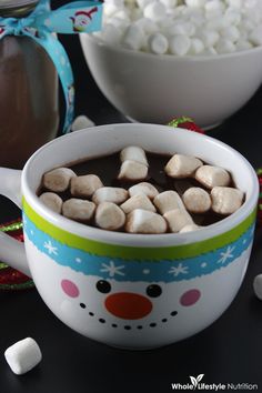 hot chocolate with marshmallows in a snowman mug