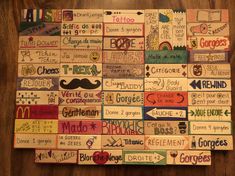 a wooden board with many different types of words on it, including mustaches and other things