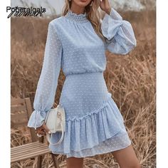 Tavimart Spring vintage elegant blue dress for womens new long-sleeved ruffled High Waist Pack Hip mini dresses women vestidos Feminine Blue Dress With Ruffle Hem, Light Blue Ruffled Dress For Daywear, Light Blue Long Sleeve Mini Dress With Ruffles, Light Blue Puff Sleeve Dress With Ruffle Hem, Elegant Blue Dress, Blue Long-sleeve Dress With Ruffle Hem, Grunge Baggy, Low Waisted Pants, Harajuku Grunge