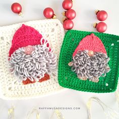 two crocheted christmas ornaments with santa hats on them and beads hanging from the ceiling