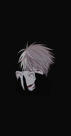 an anime character with white hair and glasses looking at something in the dark, while holding his head up