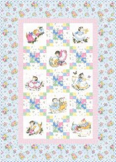 a quilt with children's pictures on the front and back, in pastel colors