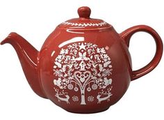 a red teapot with white designs on the top and bottom, sitting in front of a white background