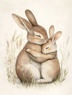 two rabbits hugging each other in the grass