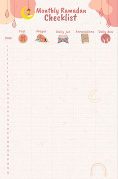 the month ramaan checklist is displayed on a pink background with an orange and white design