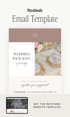 the wedding package email template is displayed on a tabletop with an image of a table and