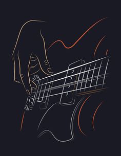 a person playing an electric guitar with their fingers on the fretboard, in front of a dark background