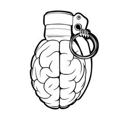 a black and white drawing of a brain with a keychain hanging from it