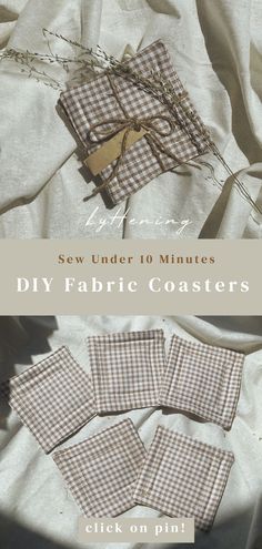 several pieces of fabric sitting on top of a white sheet covered in brown and white checkered material