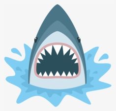 a cartoon shark with its mouth open and teeth wide out, swimming in the water