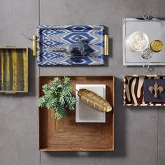 an overhead view of various trays and plates on the wall, including a loaf of bread