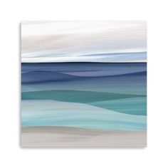 an abstract painting of blue and white waves on the ocean with grey clouds in the background