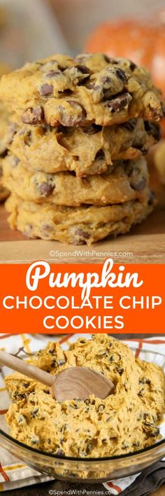 pumpkin chocolate chip cookies stacked on top of each other with a wooden spoon in the middle