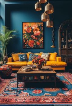 a living room with blue walls, yellow couches and rugs on the floor