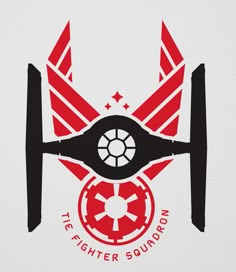 the fighter squadron logo is red and black, with two wings on each side of it